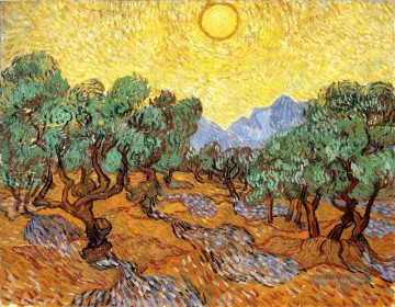  gelb Kunst - Olivenbäume mit gelbem Himmel und Sonne Vincent van Gogh